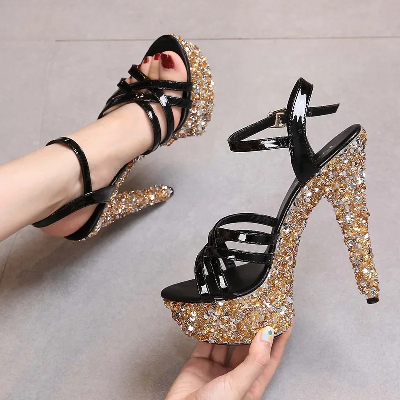 

Summer Women Cross Belt Sandals Sexy Gold Silver Bling Rhinestone 15cm Thin High Heels Ladies Dress Party Shoes Female Stilettos