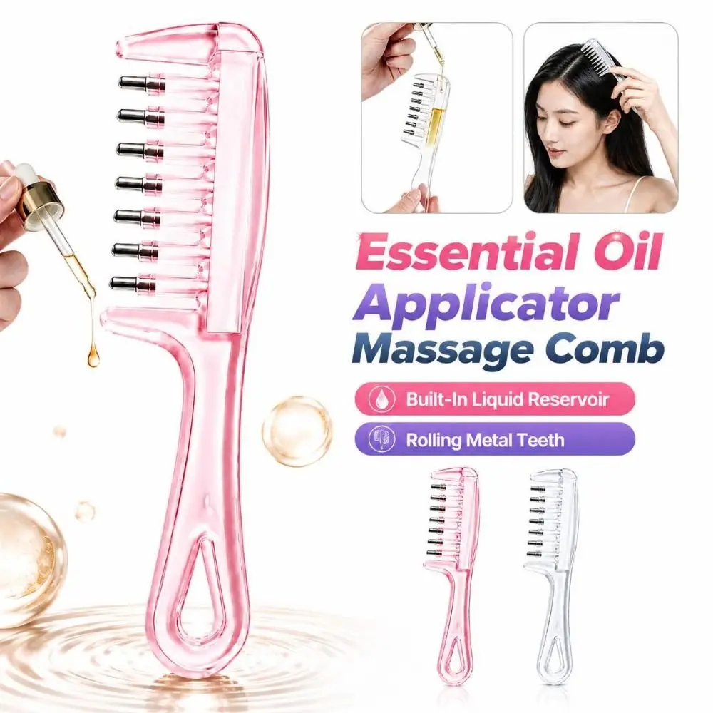 7-Tooth Essential Oil Applicator Massage Comb Transparent Rolling Metal Teeth Scalp Liquid Applicator Comb Teardrop Shape
