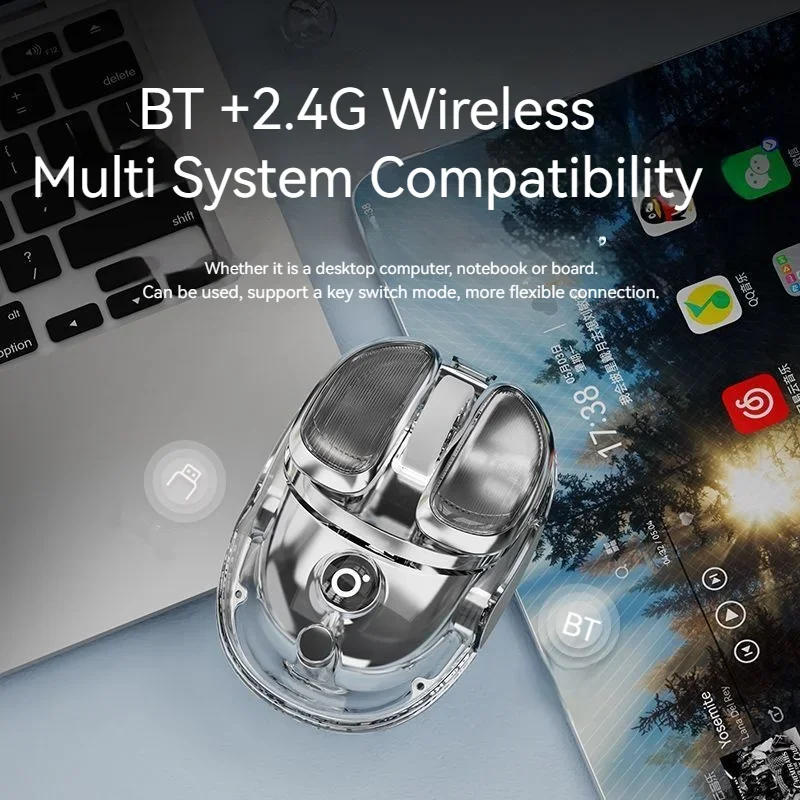 EWEADN Q9 Wireless Bluetooth Transparent Mouse Dual Mode Silent USB-C Rechargeable Suitable for Office Gaming Home PC Laptop