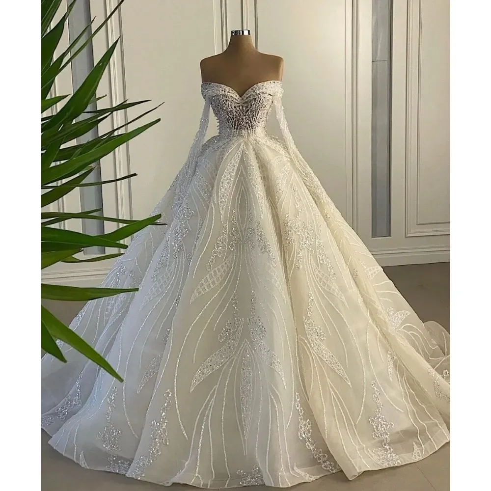 Customized Off Shoulder Wedding Dresses Pearls Beaded Bridal Gowns Long Sleeves Romantic Lace Bride Dresses Vestidos De Novia
