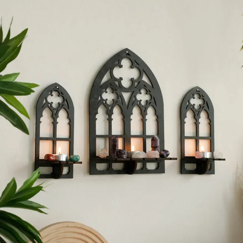 3Pcs Gothic Wooden Wall Decor Cathedral Arch Frame Vintage Rustic Horror Halloween For Bedroom Bathroom Living Room Hanging
