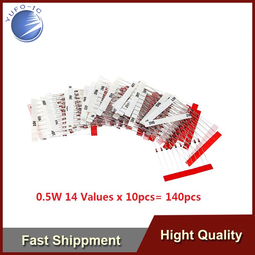 (14 values*10pcs=140pcs) 0.5W 1W Assorted 1/2W  Assortment Diy Kit BZX55C Zener Diode 6.8V 8.2V 10V 12 Diode Kits Set 3.3V~30V