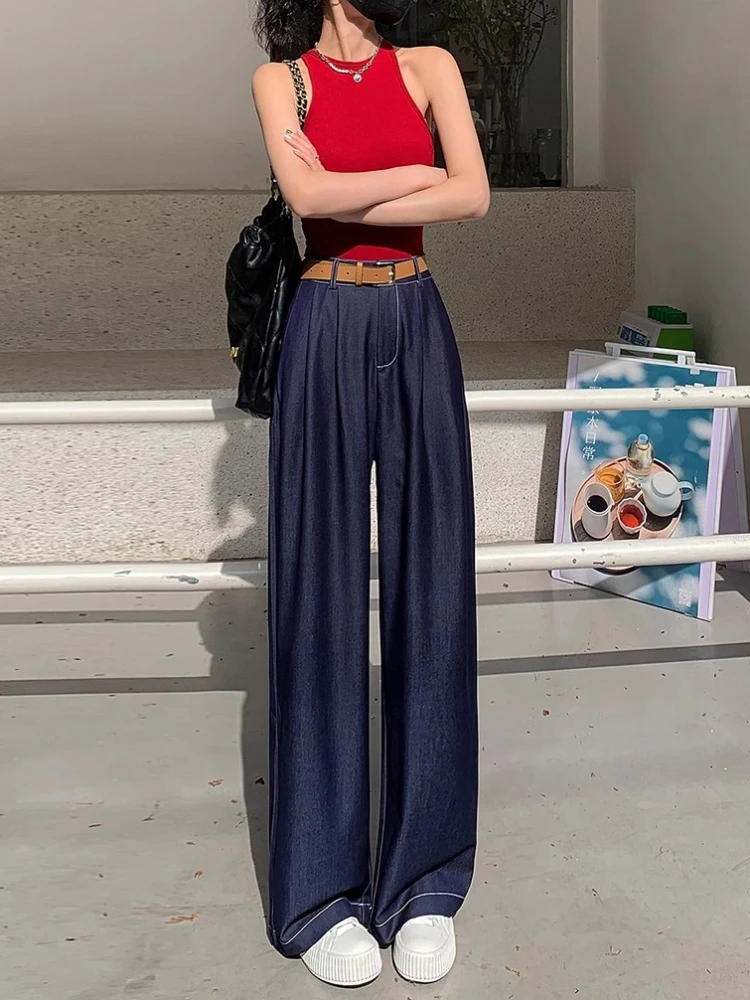 

Summer High Waisted Ice Silk Wide Leg Jeans Women2024 New Blue Loose Fitting Straight Leg Pants With Belt Floor Mopping Pants