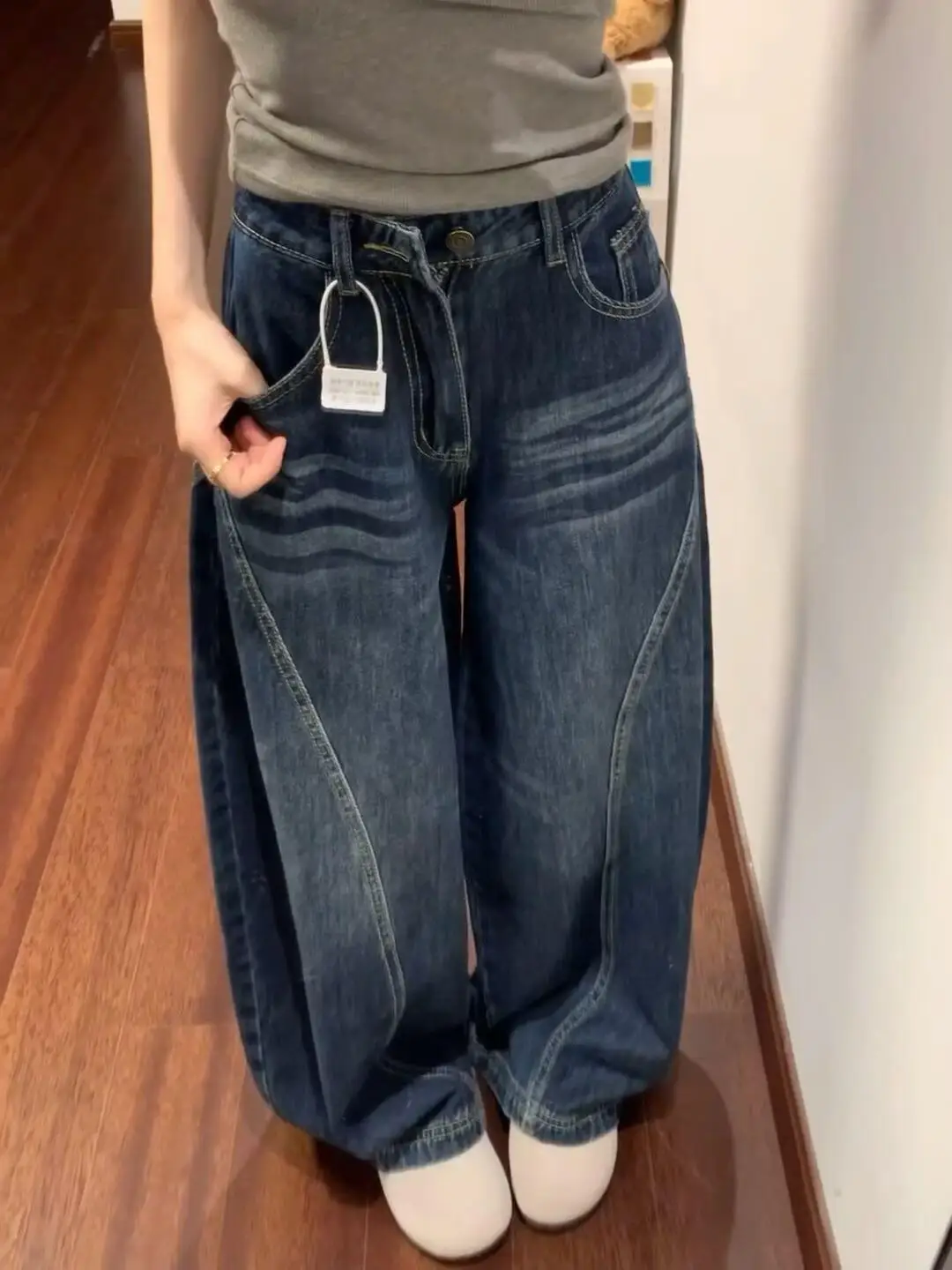 Vintage Blue Korean Retro Curved Women Jeans Autumn Winter Distressed Washed Wide Leg Floor-Length Denim Pants Casual Trousers