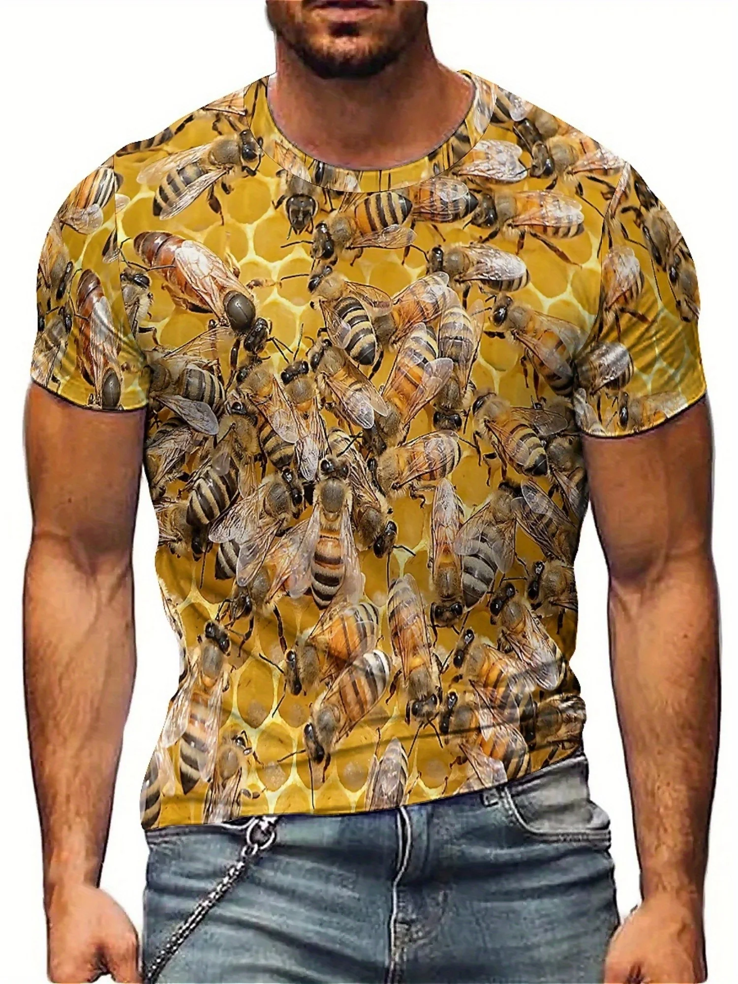Camiseta masculina com estampa de abelha 3D – poliéster macio, gola redonda, manga curta, padrão geométrico, ajuste regular, conforto para todas as estações