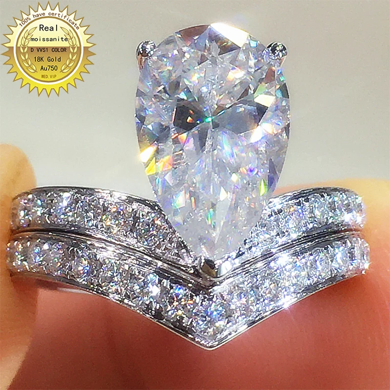 

Solid 18K Au750 White Gold Women Ring DVVS Pear Moissanite Diamonds 3Carat a set Ring Wedding Party Engagement Anniversary Ring