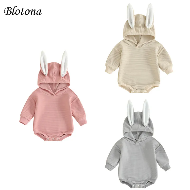 

Blotona Infant Baby Easter Hooded Jumpsuit Letter&Bunny Print Long Sleeve 3D Bunny Ear Romper 0-18Months