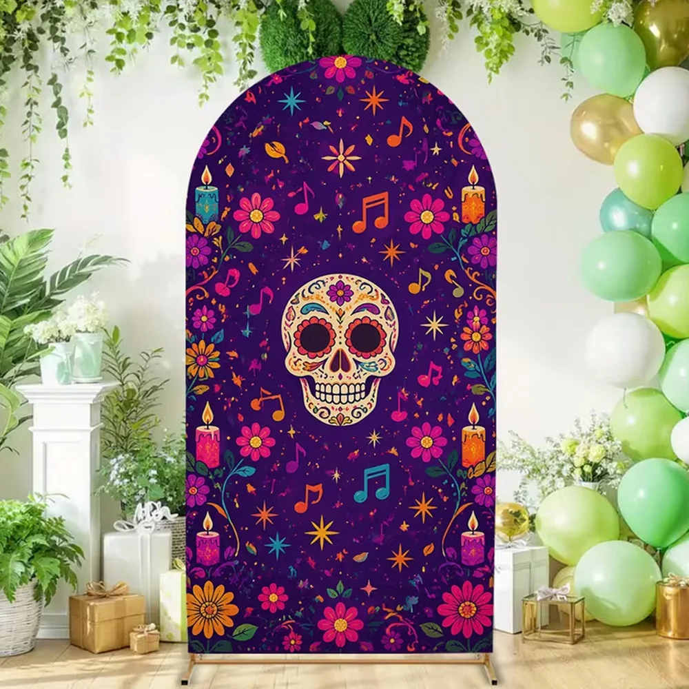 Dia De Los Muertos Arched Backdrop Sugar Skull Marigold Mexican Fiesta Party Decoration Background Day of Dead Banner Supplies
