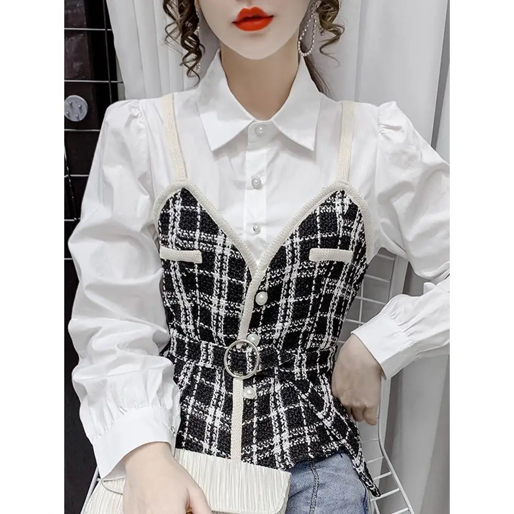 

Korean Style Plaid Patchwork Shirt 2026 Spring Autumn Female Fashion Design Slim-fit Blouses Tops Office Lady Elegant Clothing