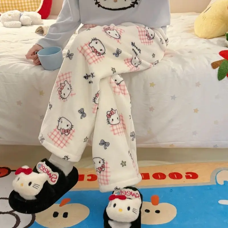 Sanrio 헬로 키티 여성 Y2K 파자마 바지 카와이 만화 겨울 따뜻한 잠옷 바지 산호 양털 잠옷 바지 홈웨어 New