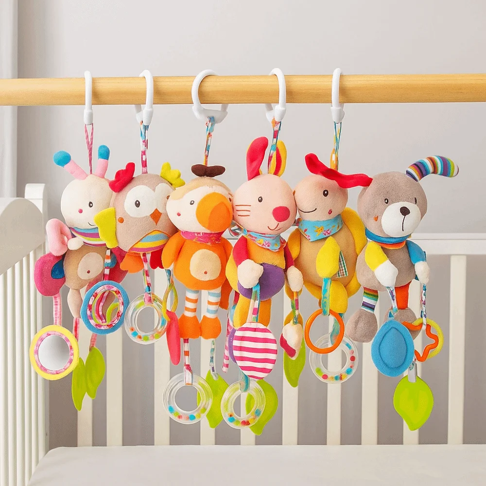 Schattig ontwerp babyrammelaar speelgoed grijpvermogen training pluche materiaal kinderwagen hangend speelgoed bel speelgoed knuffeldier