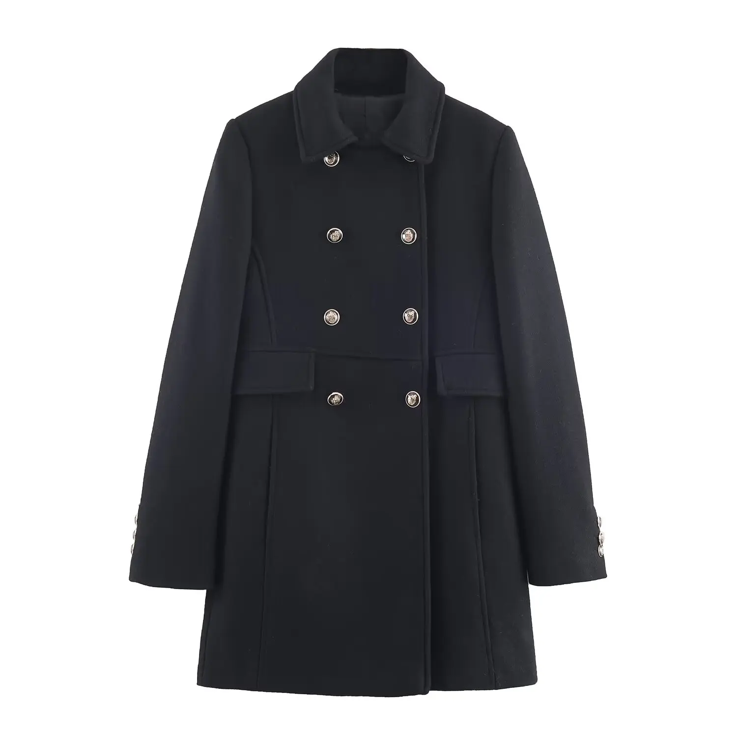 Women's Loose Long Sve Overcoat Autumn Winter New Female Sle Double Row Buttons Gold Embellied Mid-Length Commute Sle Outerwear