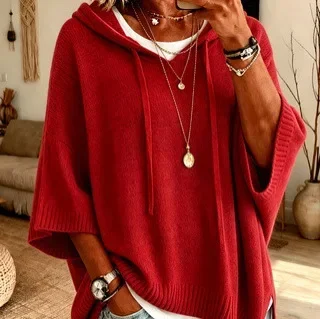 Solid Women's Oversized Knit Blouse Streetwear Autumn Winter Drawstring Hooded Pullover Full Sleeve Color Loose Daily Basic Tops