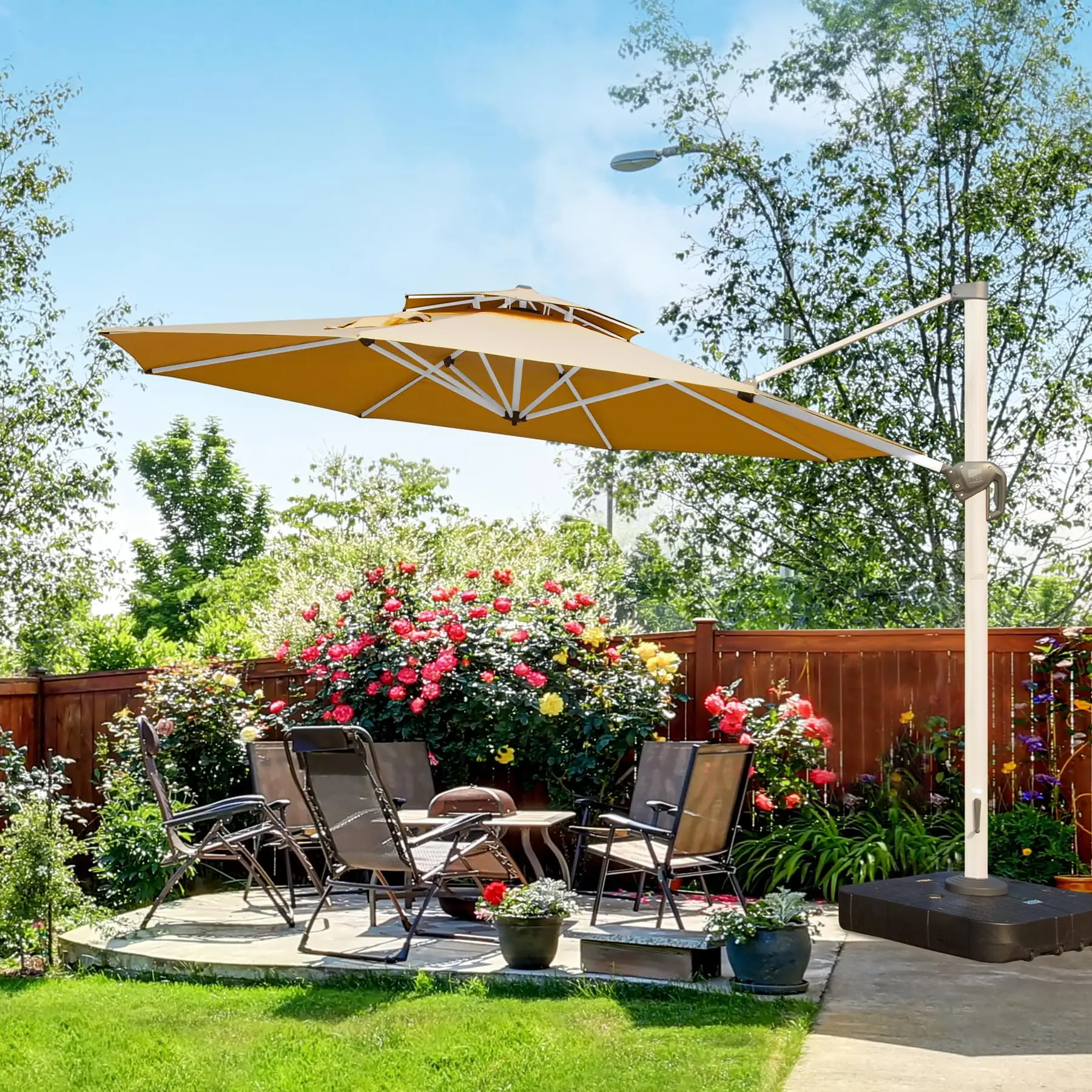 

11ft Double Top Cantilever Patio Umbrella Windproof Aluminum Offset Umbrella with 360 Rotation Large Garden Deck Pool Bases