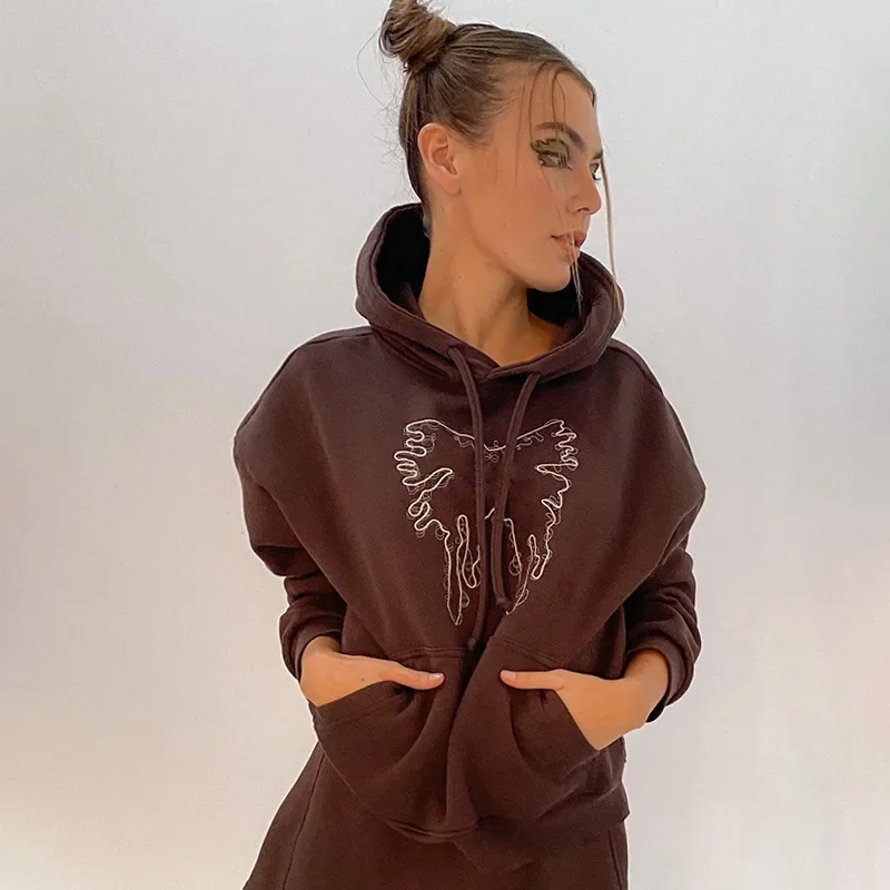 Butterfly Embroidered Sweatshirt Set Women Solid Color Casual Sport Style Hoodies Suits Spring Autumn Loose All-Match Streetwear