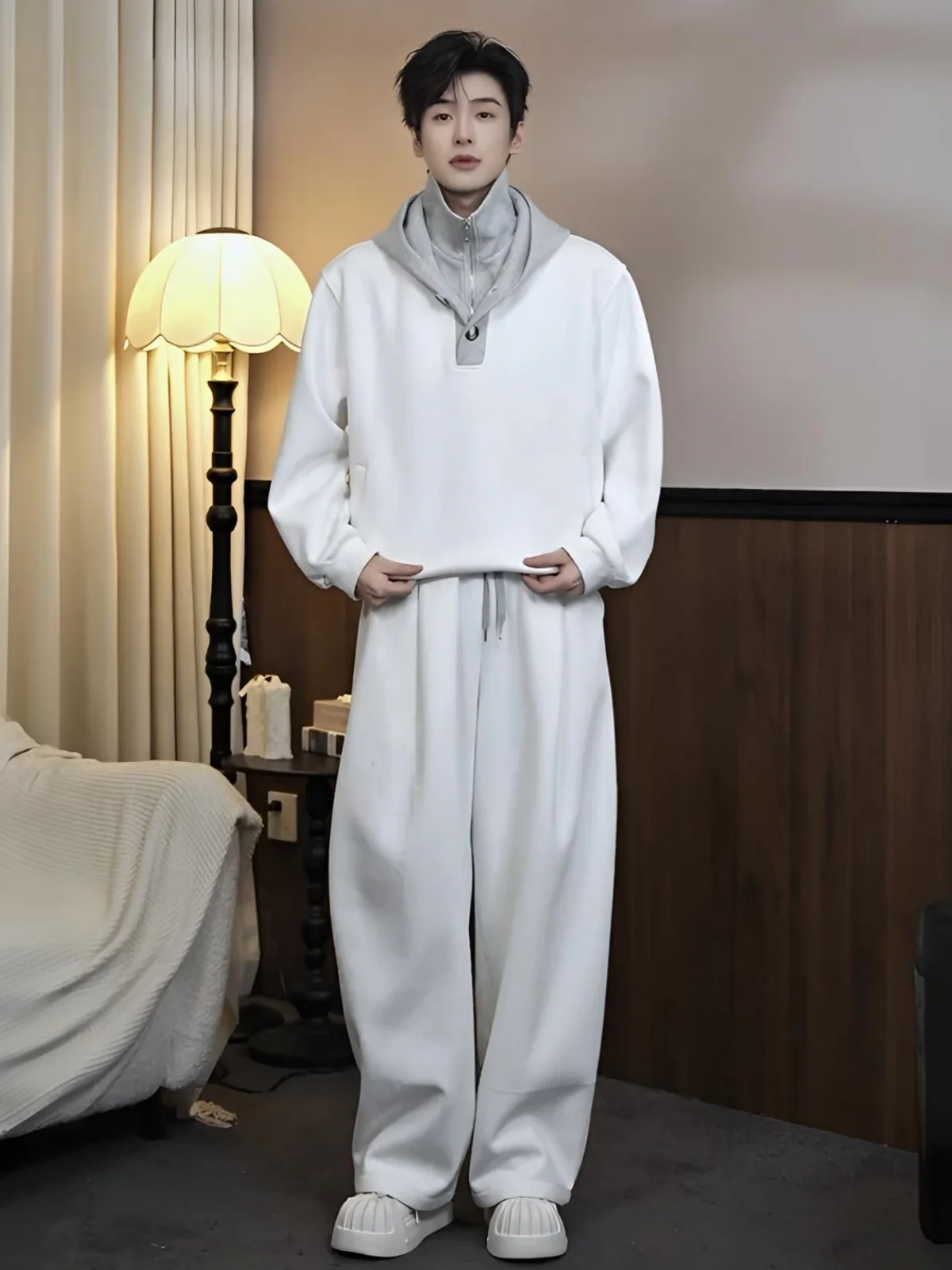 

Spring New American Splice Casual Loose Breathable Men's Hoodie Long Pants Two-Piece Set Comfortable Cotton Blend Fabric