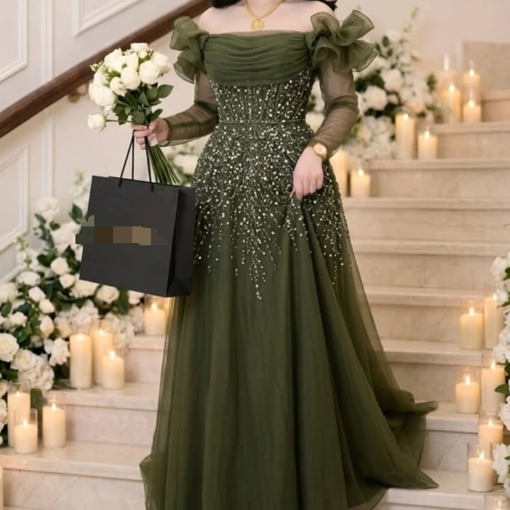Luxuriöse Kristall-Abschlussballkleider für Damen, schulterfrei, langärmlig, Tüll, A-Linie, bodenlang, Abendkleid, Partykleid, individuell gestaltet