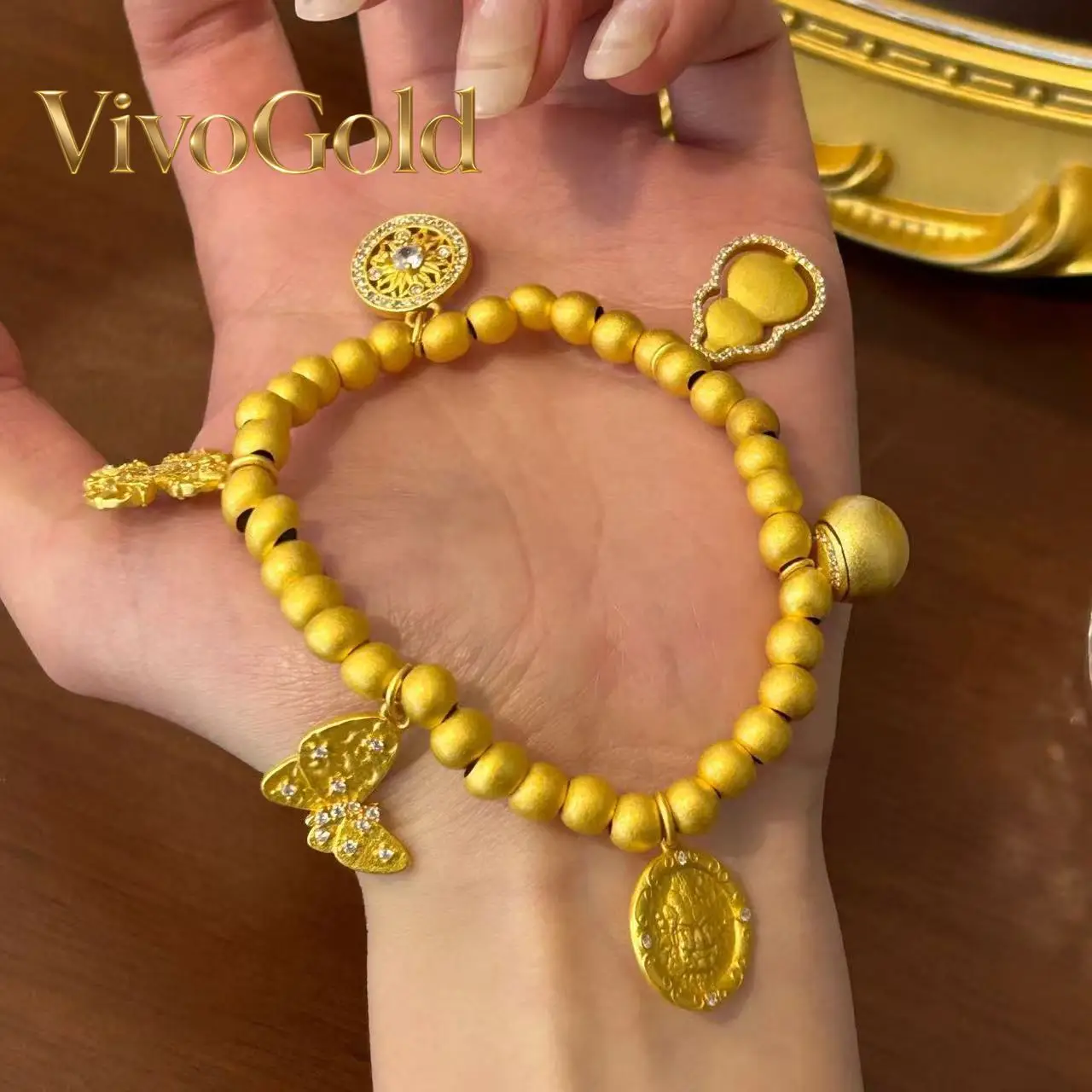 

VivoGoldLuxury 9999 24K real gold hollow filigree compass cross vajra bracelet gourd bead bracelet