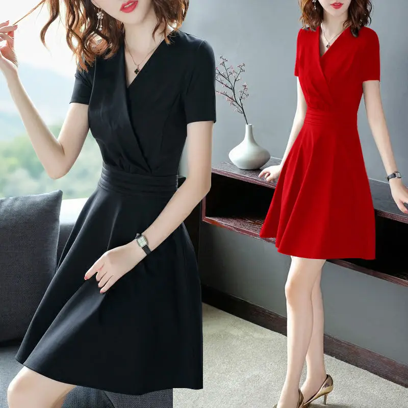 

Black Dress, Small Black Dress, New Summer Outfit, V-Neck, Short Sleeved, Medium Long, Slimming Style Dress