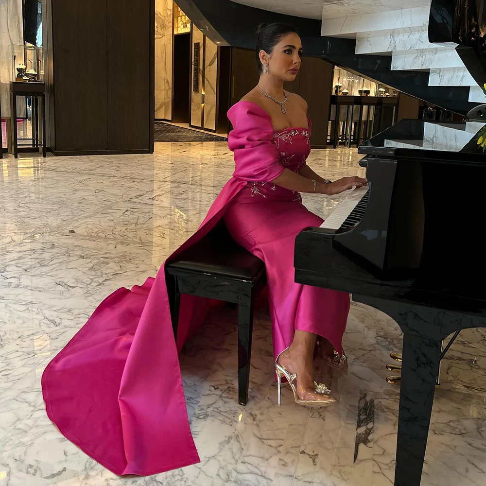 2023 Arabic Women Long Wedding Party Guest Gowns Fuchsia Mermaid Dubai Luxury Evening Dresses with Cape Shawl