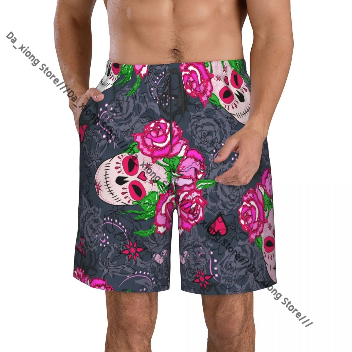 

Men Beach Short Quick-drying Swimming Trunk Sugar Skull And Roses Swimwear Swimsuit Bathing Shorts