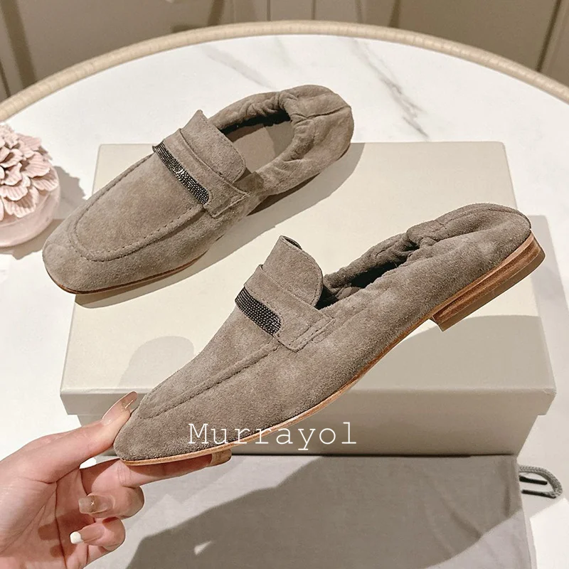 Round Toe Cow Suede Lazy Loafers Women's String Bead Decor Retro Flat Shoes Spring Autumn Wrinkle Design Comfort Walking Shoe