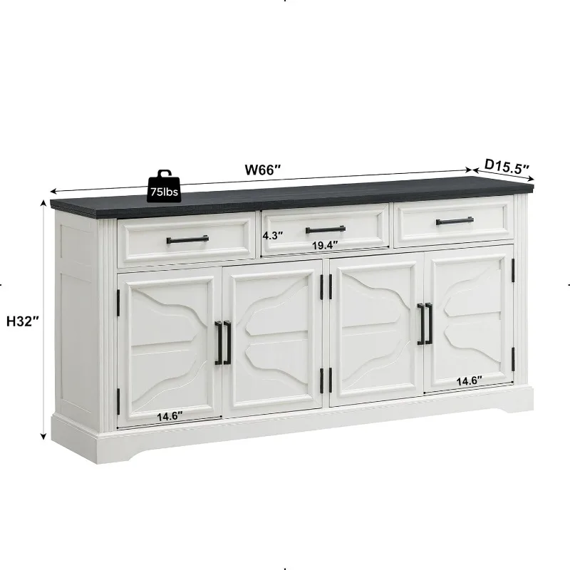 Armário grande de buffet de 66" com 4 portas e 3 gavetas, mesa de buffet, bar de café, armário de armazenamento de bar de vinho (branco fora)