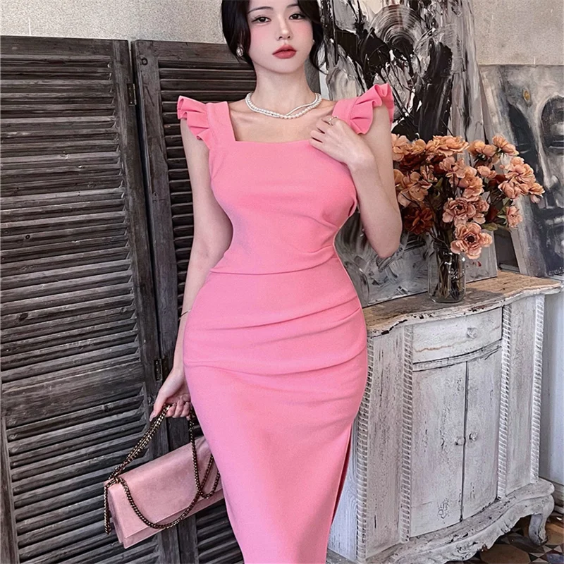 

2024 Summer Flying Sleeve Backless Split Long Dress Women Sexy Square Collar Bodycon Dresses Ladies Slim Sheath Party Vestidos