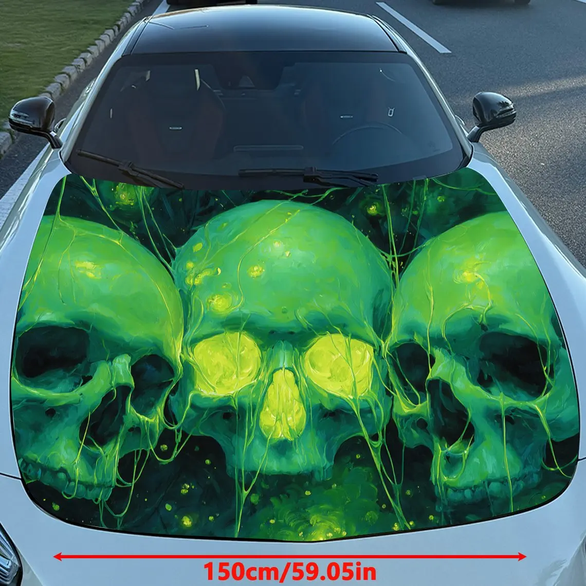 Three Eerie Green Skulls Car Hood Decal Sticker - Durable Vinyl Wrap For Cars, Trucks, SUVs - Weather-Resistant Protective Film,
