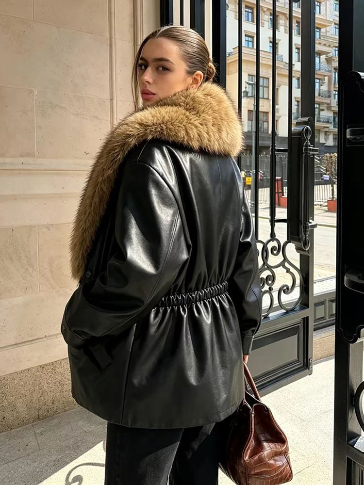 Chic Luxury Big Furry Lapel Black Faux Leather Coat Drawstring Waist Slim Street Style Jacket Lady Winter Fashion Warm Outerwear
