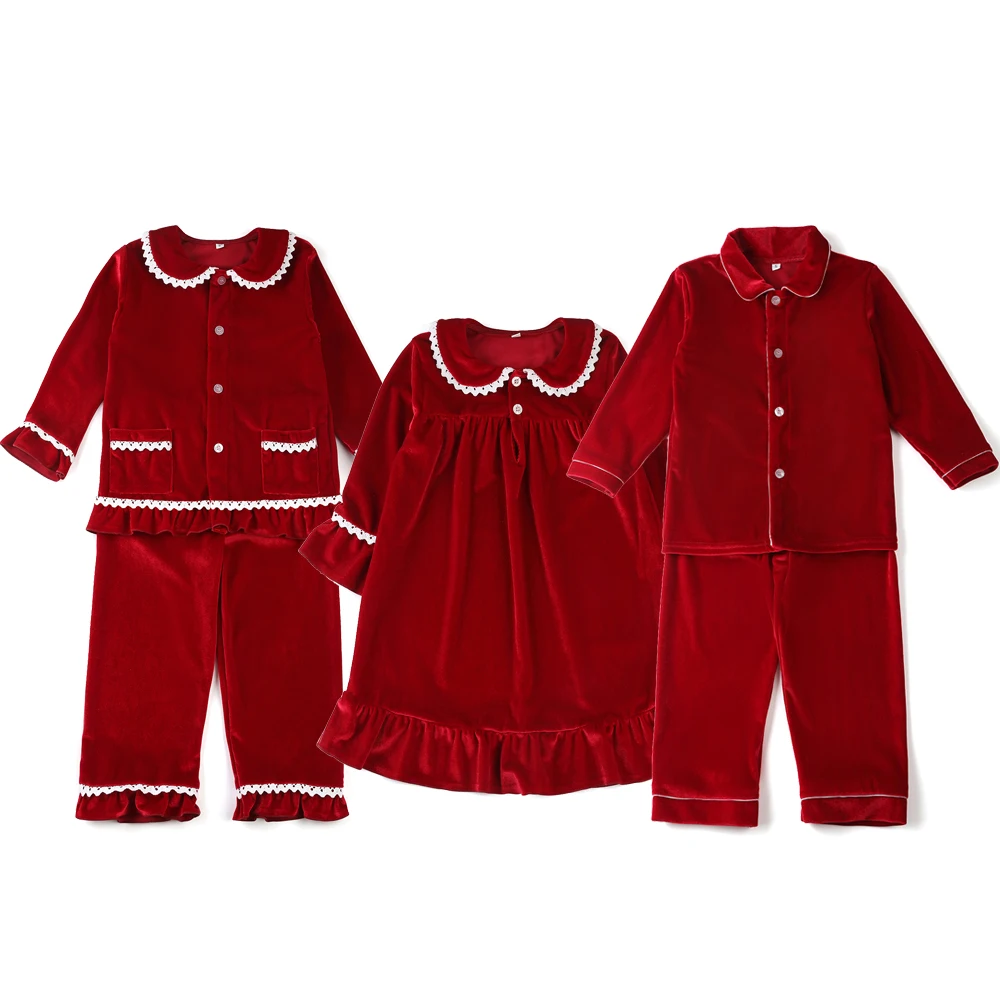 Mudbala-Conjunto de pijamas de terciopelo rojo para niños, ropa clásica a juego para la familia, con botones, de lujo, para Navidad