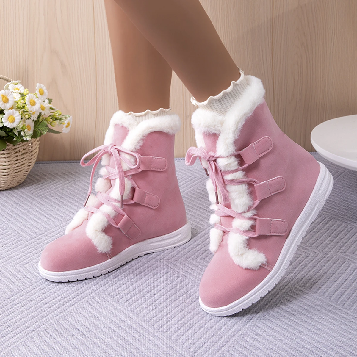 Women Shoes Winter 2025 New Plush Anti-Slip Snow Boots Women Thermal Insulation Lace Up Outdoor Mid Calf Boots for Cold Weather