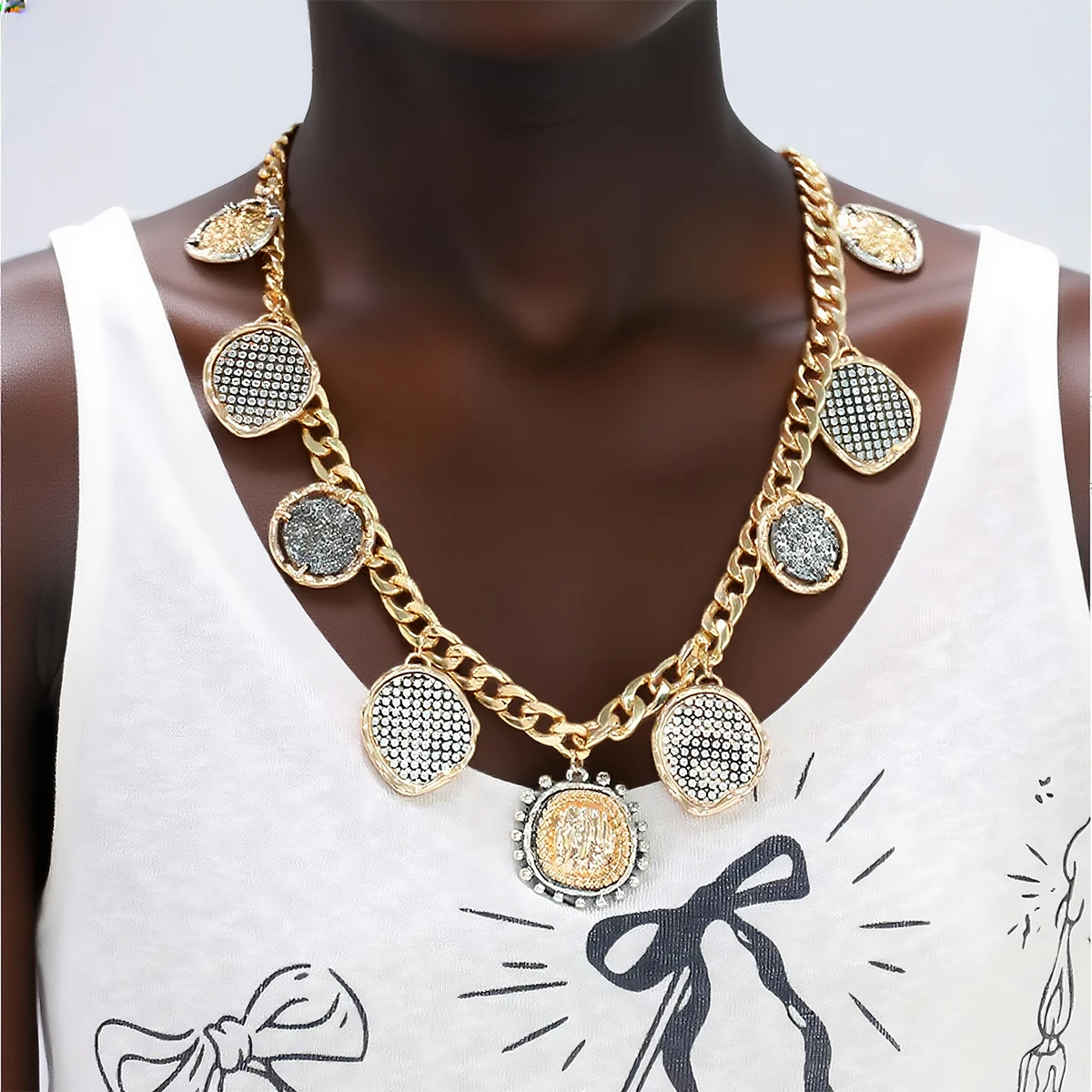 

ZAA Cuban Link Chains Vintage Geometric Metal Badge Coin Pendant Necklace for Women Punk Jewelry Holiday Party Neck Accessories
