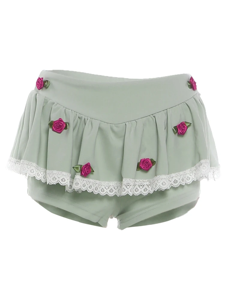 Weird Puss Sweet 3D-Rosen-Dekoration, 2-teiliges Set, Patchwork-Design, eng anliegendes Top mit tiefem Ausschnitt + Minirock mit Spitzenfalten, Party- und Sommer-Outfit. – Detail 4