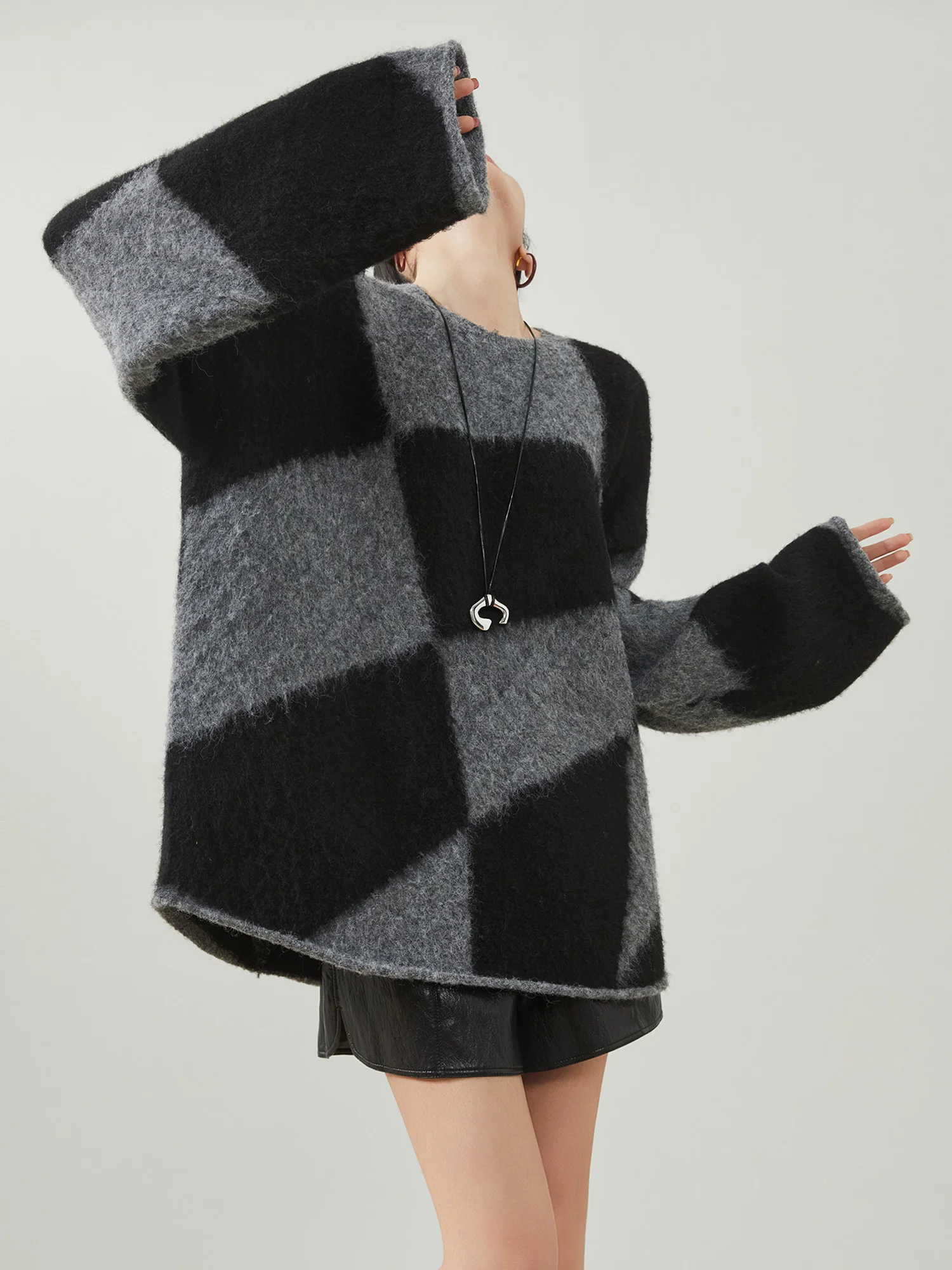 

Свободный женский вязаный свитер с круглым вырезом, в клетку, в корейском стиле, с цветовыми блоками, повседневная одежда, полиэстер