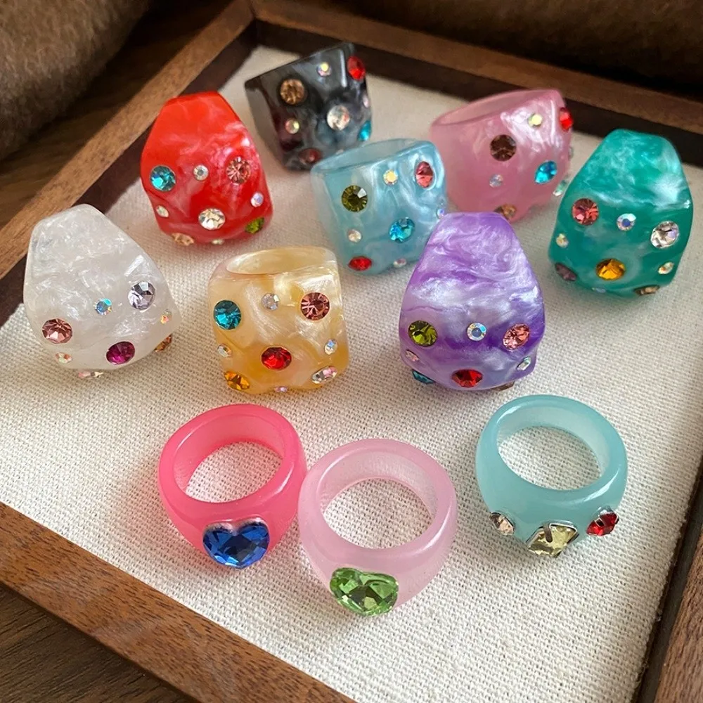 Ins Sweet Exaggerated Resin Rhinestone Ring Korean Style Candy Color Geometric Ring Resin Classic Big Dome Plain Ring Party