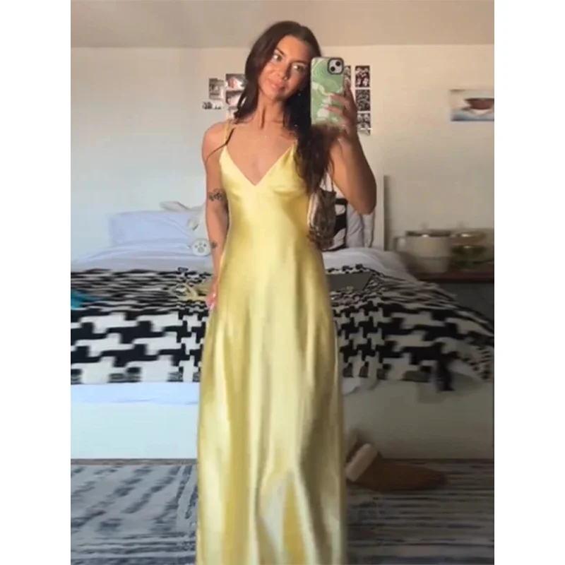 Mulheres elegantes amarelo cetim estilingue vestidos longos sexy decote em v sem costas sem mangas cintura alta robes chique senhora vestidos de festa à noite