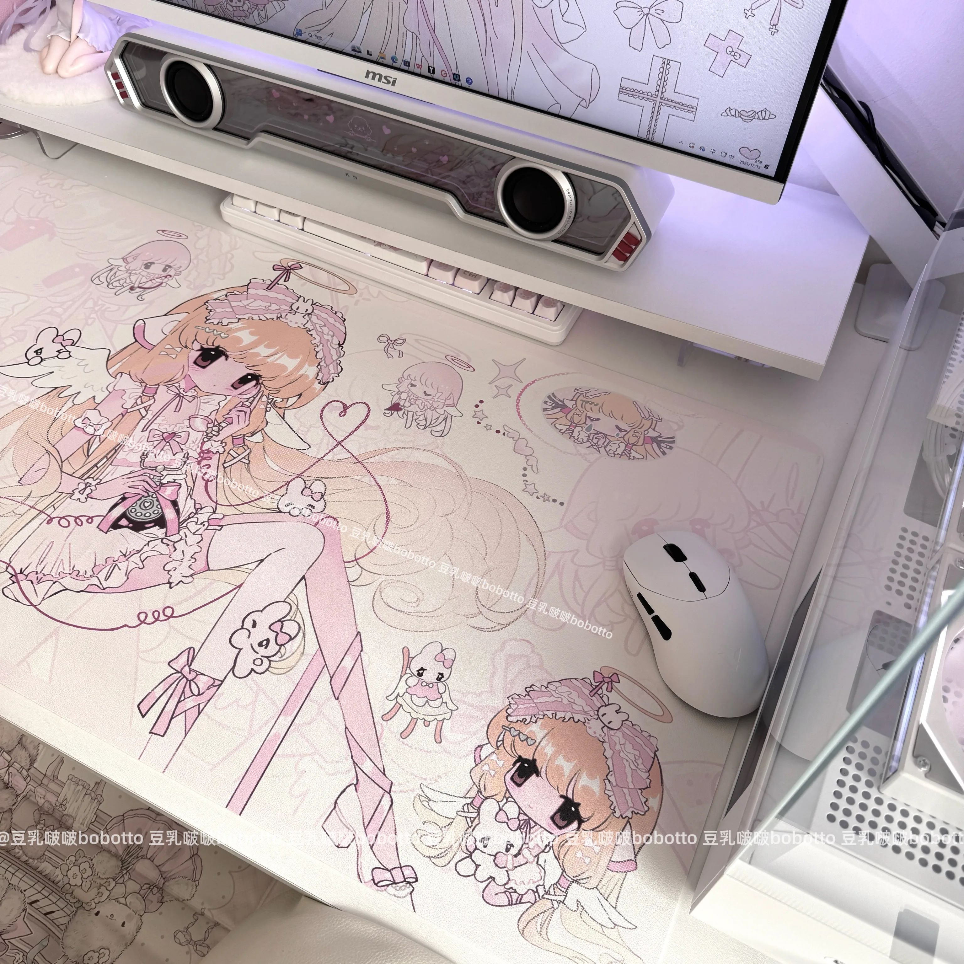 Japan Anime Angel Girl Large PU Leather Game Mouse Pad Waterproof Non‑Slip Desk Mat Keyboard Mat Gamer Office Computer Home Use