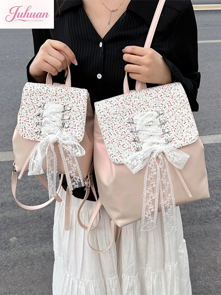 

Korean Ballet Style Retro Floral Backpack Womens Large Capacity Girls Tote Bag Bow Lace with Backpack Student Commuter Daily Bag