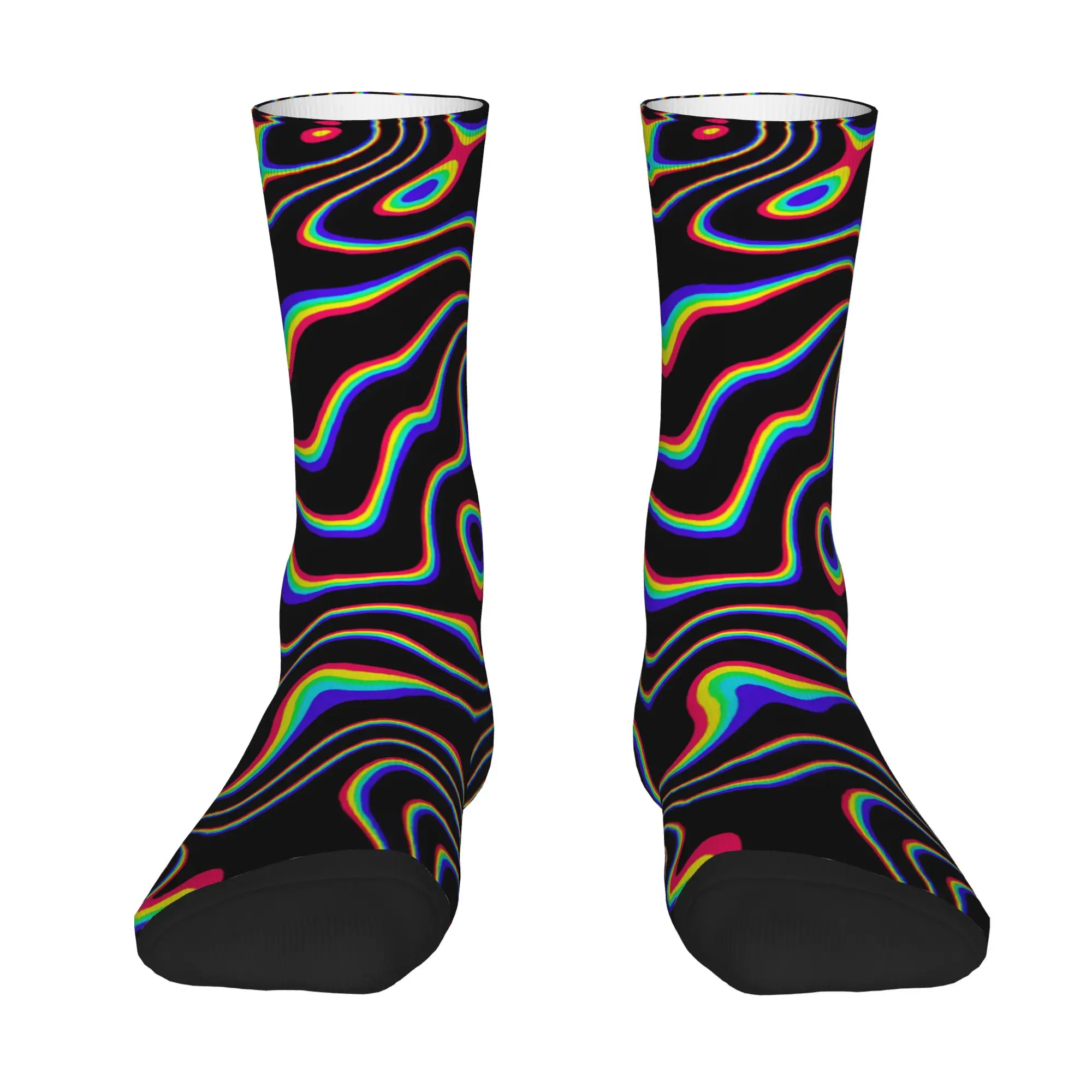 Men Socks Bright Neon Rainbow Fluid Wavy Lines Black Backdrop Abstract Print  Stockings Winter Breathable Socks Anti Skid Socks