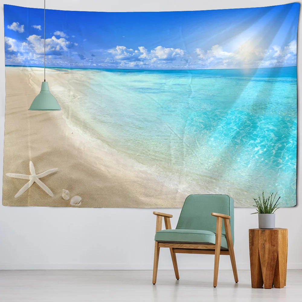 Sea view tapestry, wall mounted background fabric, beach coconut trees, room aesthetic decoration, yoga bed sheets, picnic mats