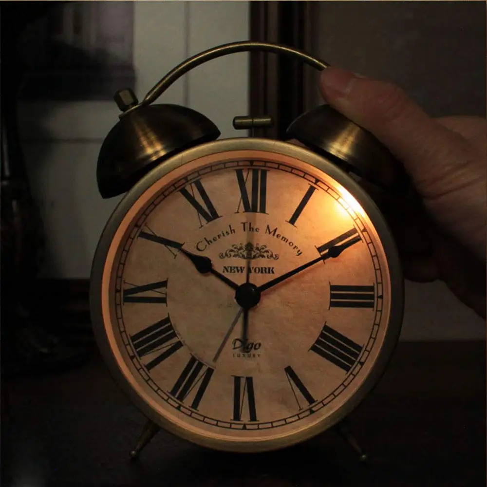 Metal Golden Table Clock, Retro Vintage Non-Ticking Small Alarm Clock,Battery Operated Silent Quartz Movement HD, Customized