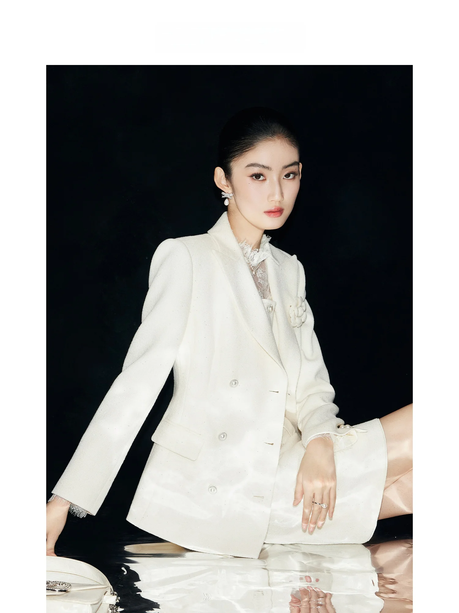 

Ele White Tailored Jaet Women's Waist-Cinching Suit Outerwear MandyZhang Spring Pearl Buttoned Westwear Casual Intervie...