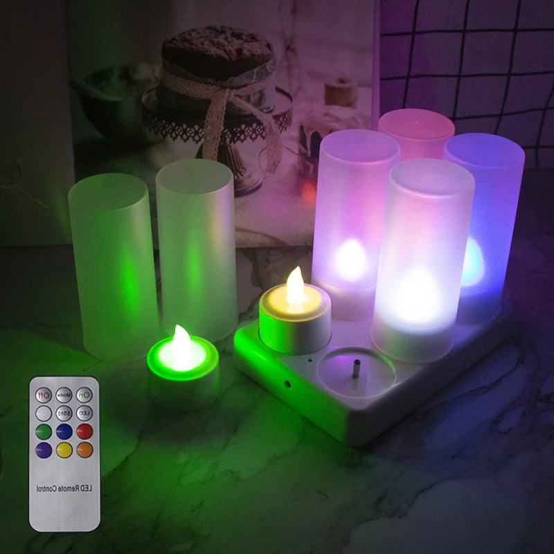 

Светодиодные чайные свечи с дистанционным управлением, 7 цветов, набор из 6 перезаряжаемых свечей с зарядной станцией для Хэллоуина и Рождества