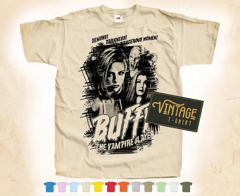 Czarny nadruk: BUFFY The Vampire Slayer V2 T shirt naturalne w stylu VINTAGE bawełniany plakat filmowy beżowy 12 kolorów wszystkie rozmiary