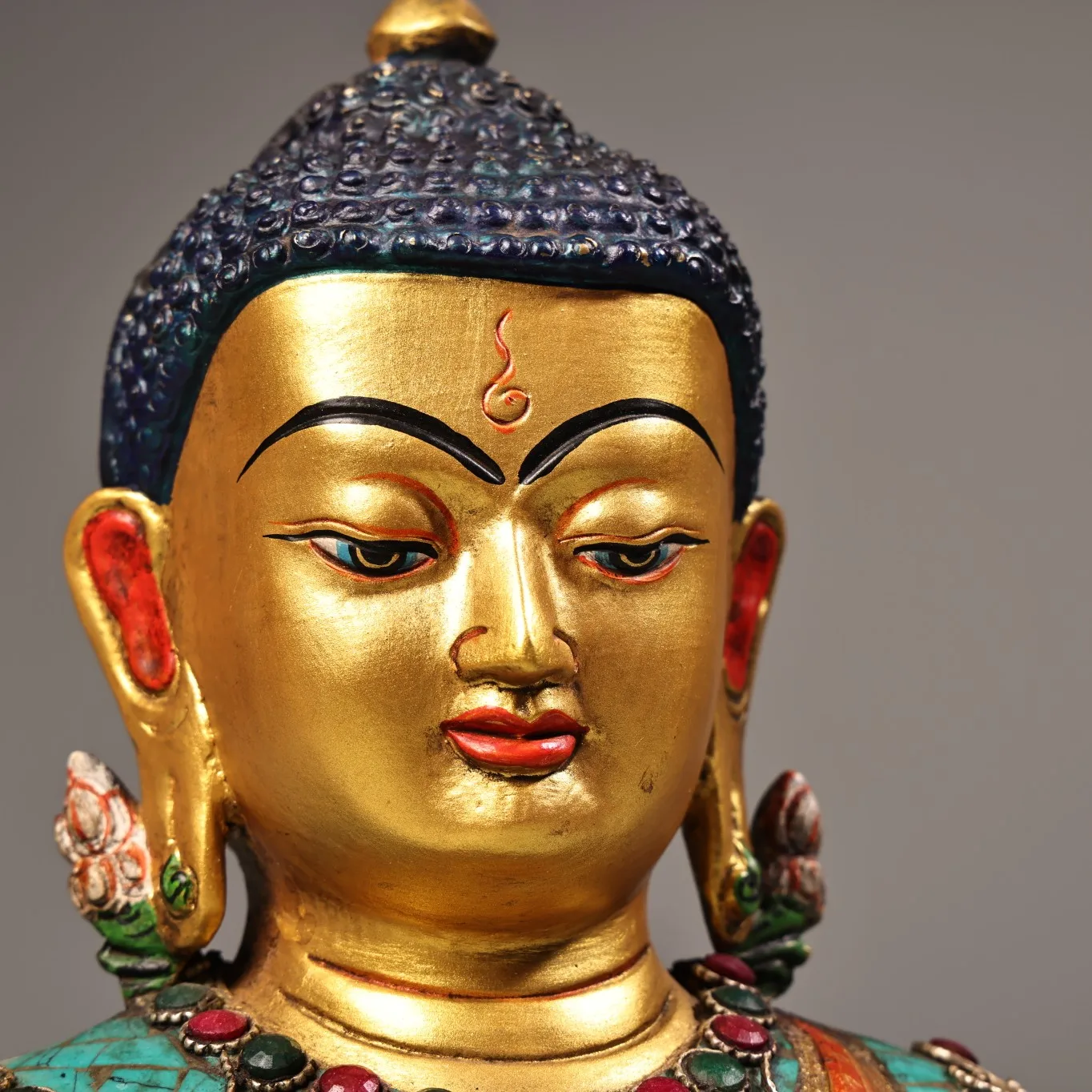 

7"Tibetan Temple Collection Old Bronze Painted Outline in gold Mosaic Gem Turquoise Shakyamuni Buddha Head Amitabha Worship Hall