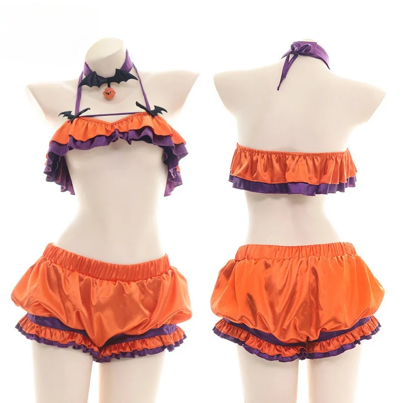 

Halloween Pumpkin Costume Women Sexy Lingerie Bikini Beach Underwear Set Halter Neck Bat Vampire Love Game Fantasy Nightgowns