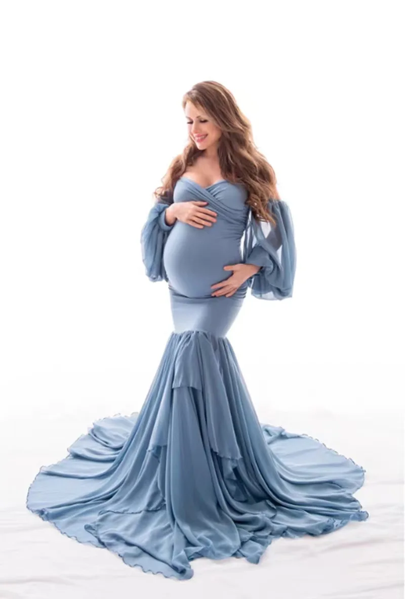 

2024 Sexy Shoulderless Maternity Dresses For Photo Shoot Ruffles Pregnancy Maxi Gown Long Pregnant Women Dress Photography Props