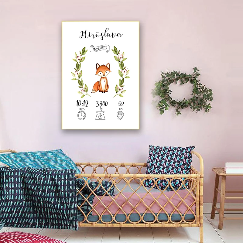 Personalized Custom Baby Birth Name Poster Baby Shower Gifts Cartoon Animal Wall Art Canvas Painting New-born Kids Room Decor