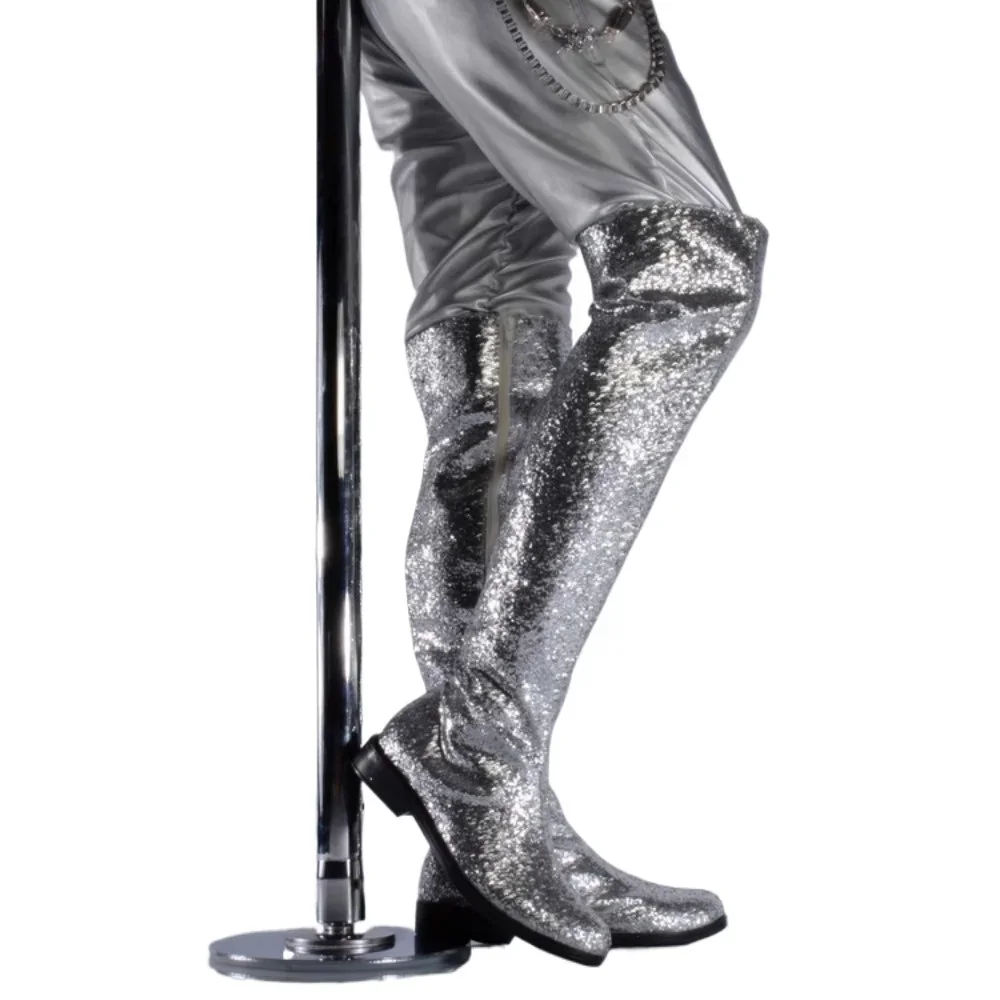 Men Chunky Heel Over The Knee Boots Sequins Leather Glitter Stretchy Sexy Round Toe Fashion Clubwear Party Knee High Long Boots